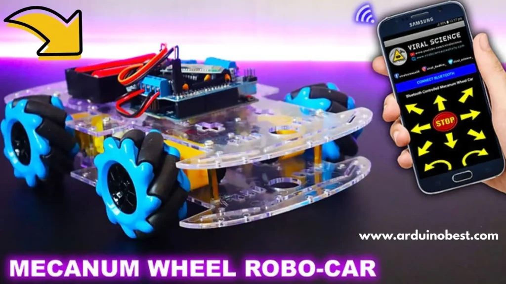 Top view of a DIY Arduino Mecanum Wheel Robot Car with complete components and wiring setup